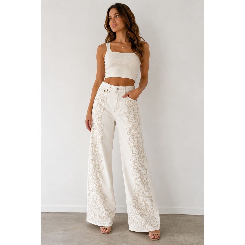 Abercrombie & Fitch Floral Wide Leg Jeans White Beige Size 24 Short